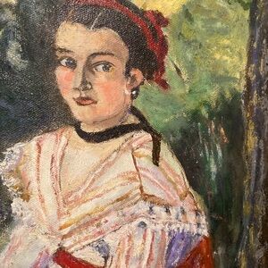 Vintage Portrait Painting with Red Accents